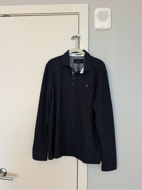 Ted Baker Navy Long Sleeve Polo with White Micro Dot Pattern SIZE XL